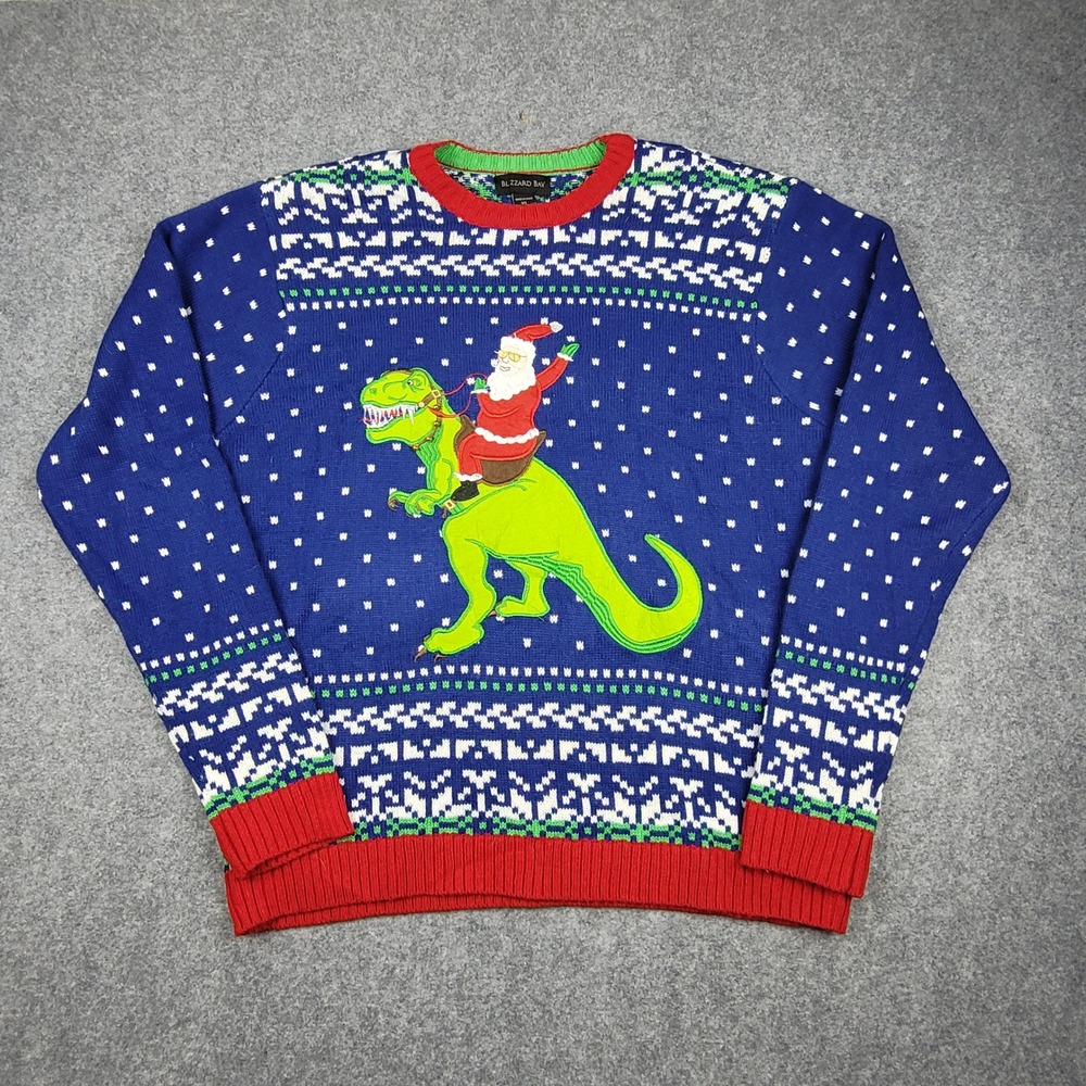 Blizzard Bay Santa Riding T-Rex Ugly Christmas Sweater Mens XL Blue Dinosaur